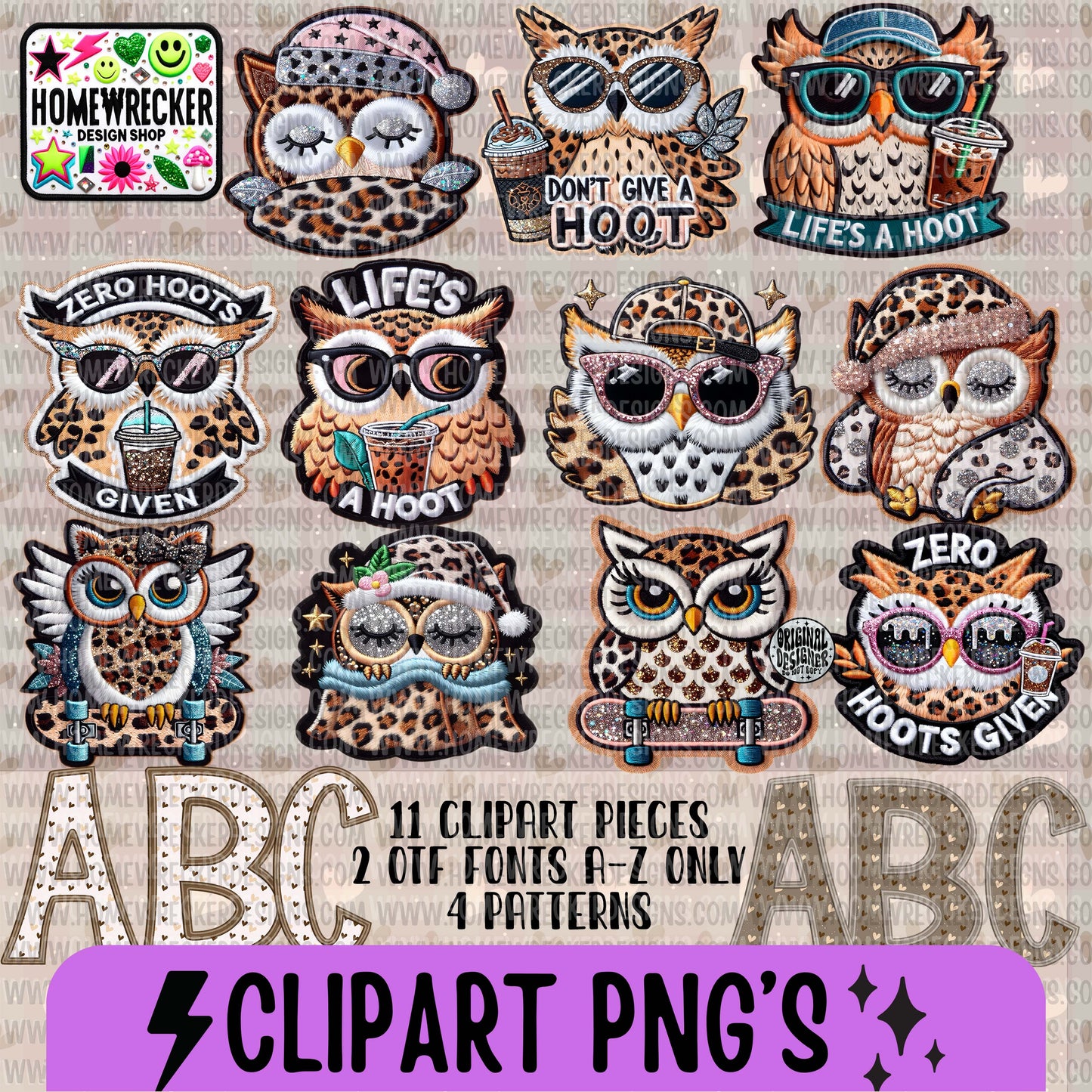 Faux Embroidery Owl Clipart 11 piece clip art elements + 2 otf fonts BUNDLE