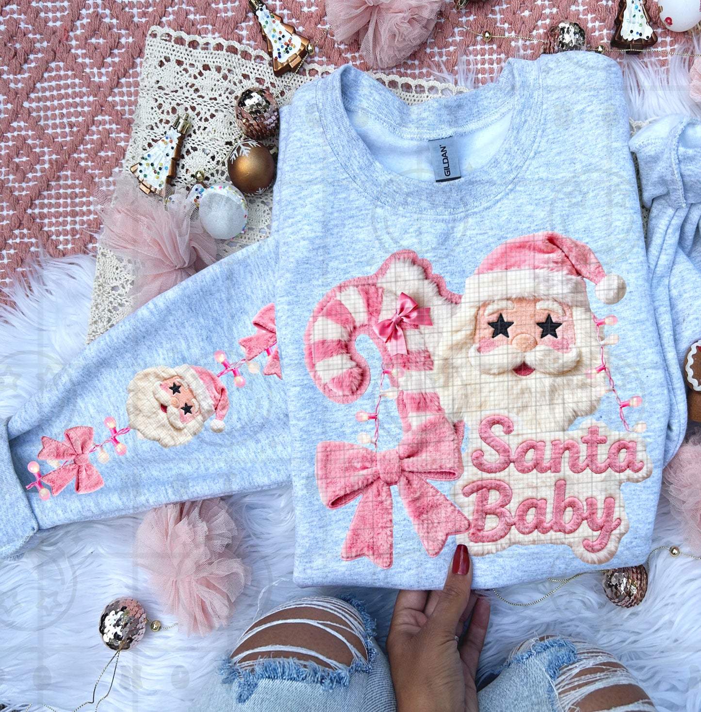 Santa Baby Pink Faux Fur Design WITH Matching Sleeve Preppy Christmas PNG digital download