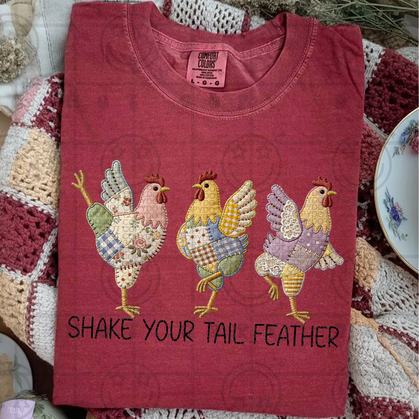Shake Your Tail Feather PNG | Funny Chicken Quote Graphic | Faux Embroidery Faux Patchwork Hen Farmhouse Design | Country Farm Shirt PNG