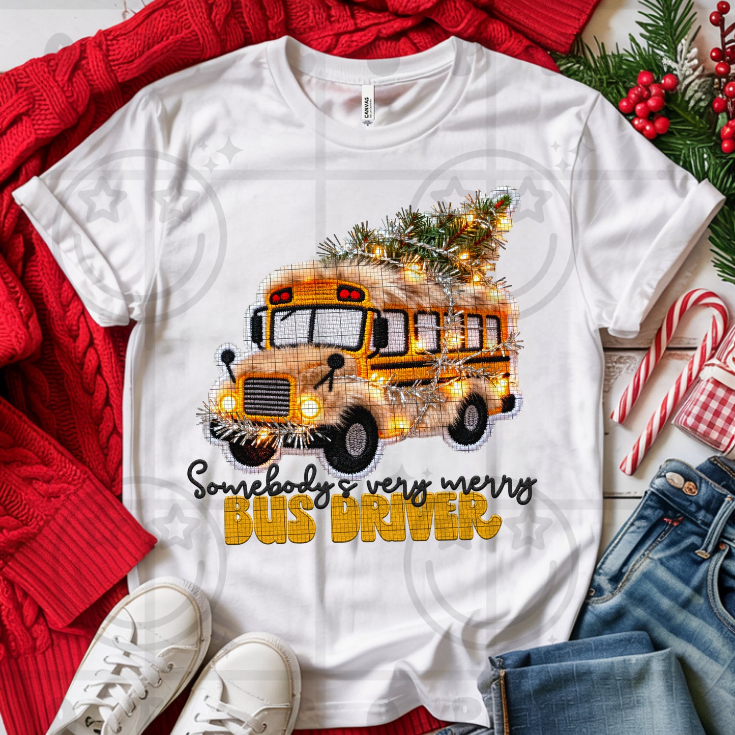 Somebodys Very Merry Bus Driver PNG, faux embroidery sequin digital, Holiday design, tshirt design