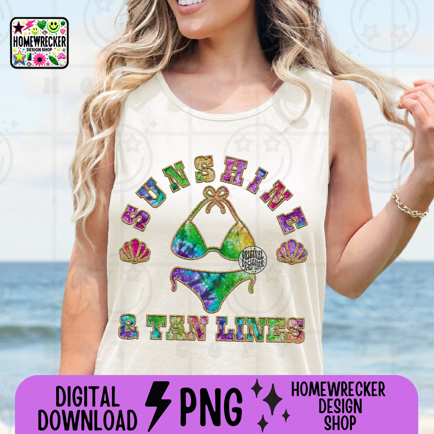 Sunshine & Tan lines FAUX EMBROIDERY png, Summer hat design tshirt, summer, sunshine, lake, beach, river, tie dye font, PNG digital download