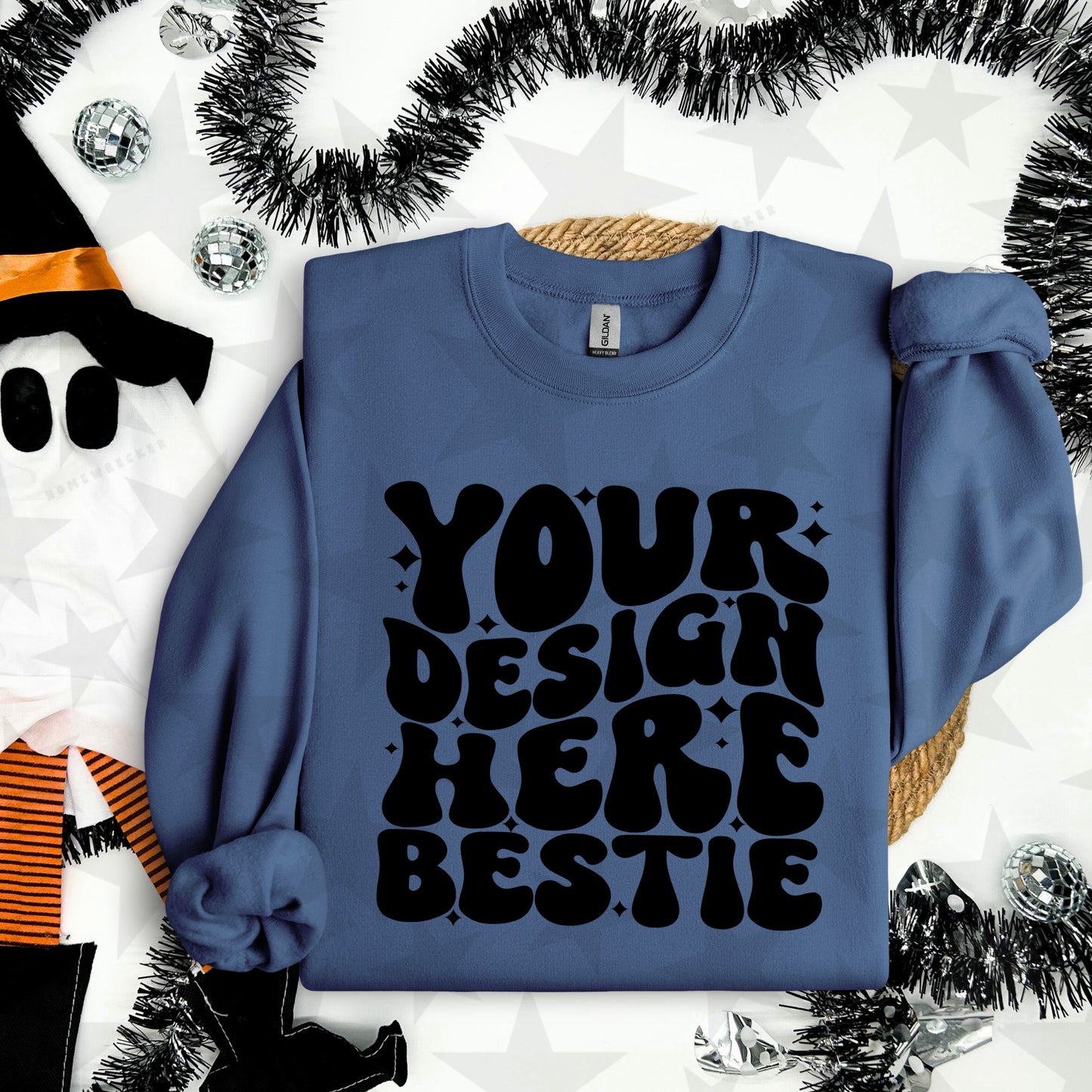 G18000 Indigo Blue Crewneck Sweatshirt Mockup | Halloween