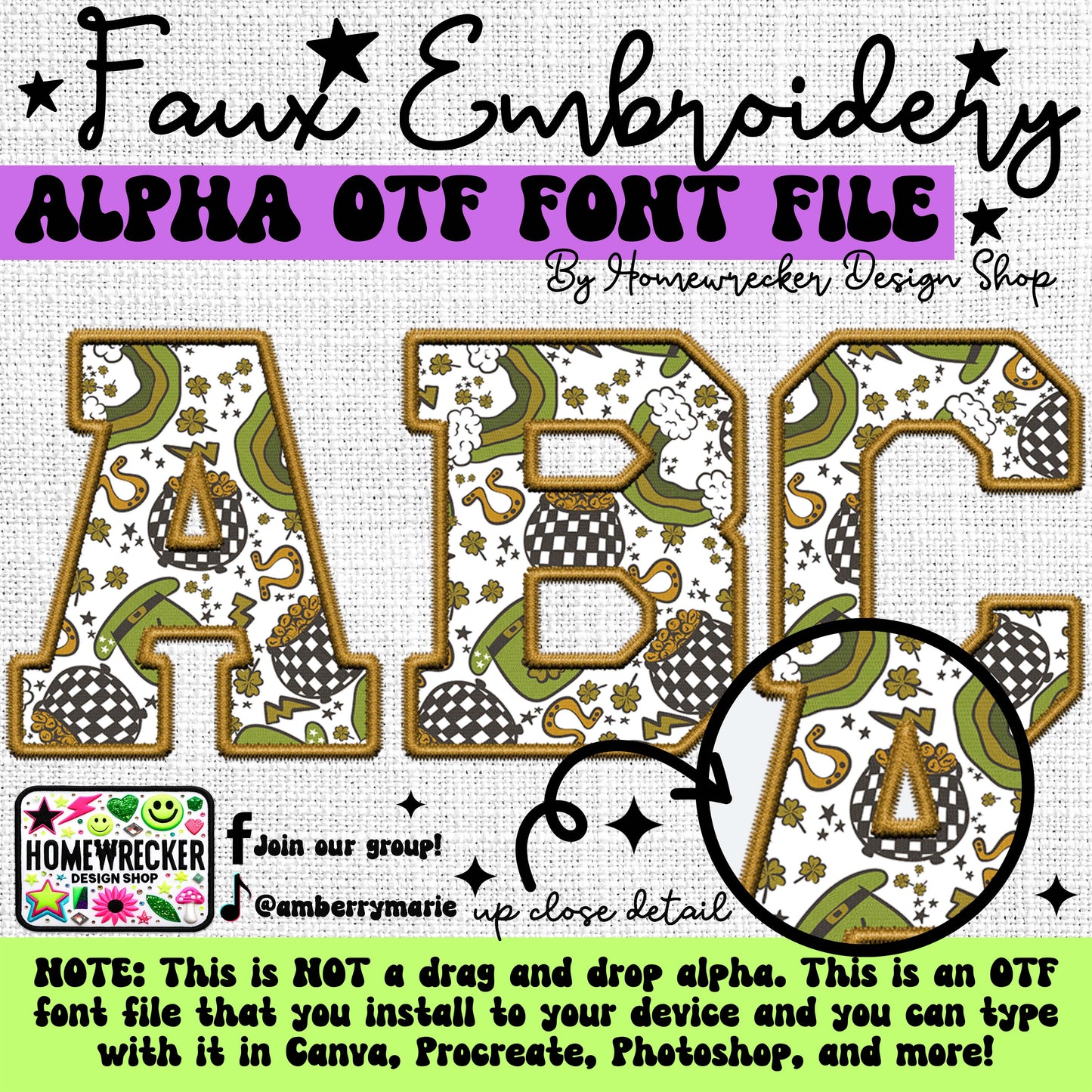 Retro St. Patrick's Day Faux Embroidery 5pc OTF FONT Bundle