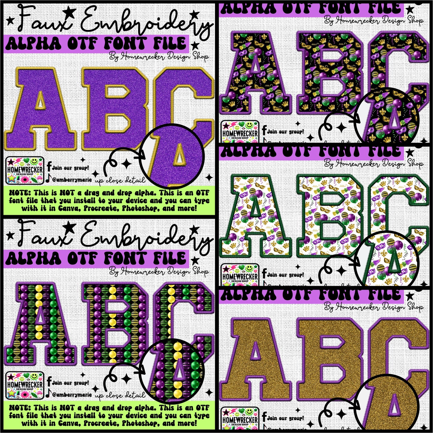 Mardi Gras Faux Embroidery 5pc OTF FONT Bundle