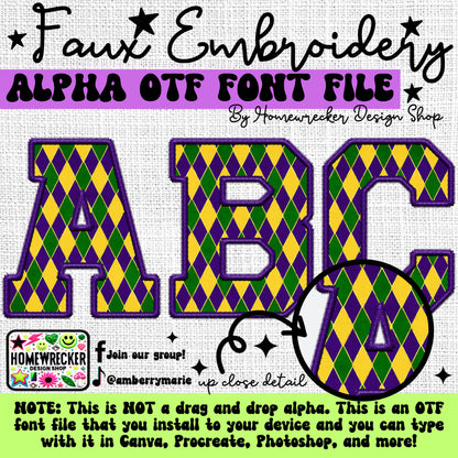 Mardi Gras Pattern Faux Embroidery 5pc OTF FONT Bundle