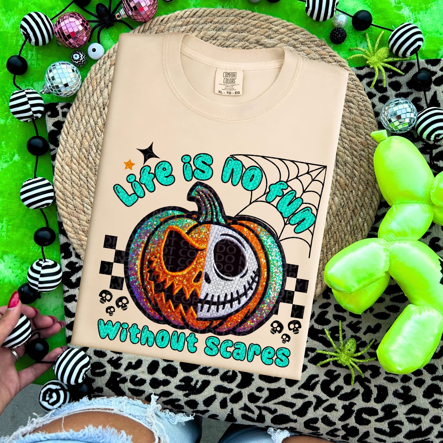 Life is no fun without scares jack Faux Embroidery Halloween PNG