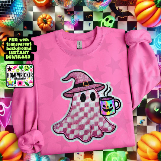 Pink and white plaid Ghostie with holo coffee FAUX EMBROIDERY | Halloween PNG, Digital Download, Shirt Pnge