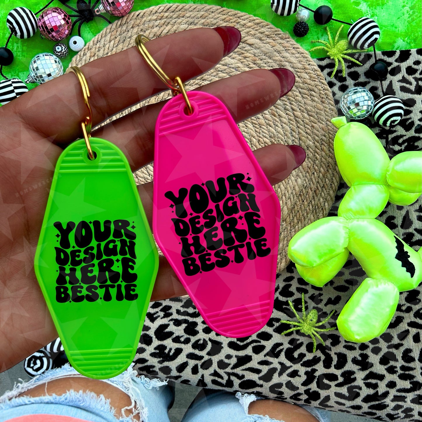 Motel Keychain Mockup | Halloween | Green & Pink