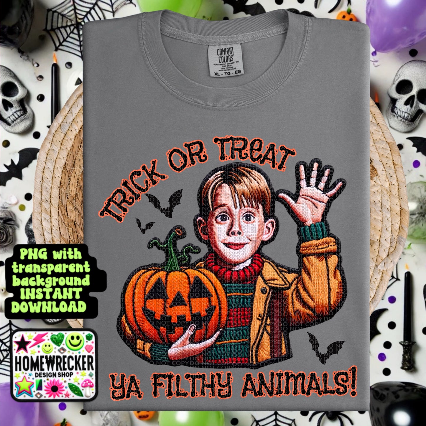 Trick or Treat Ya Filthy Animals, FAUX embroidery, Halloween, digital download, PNG