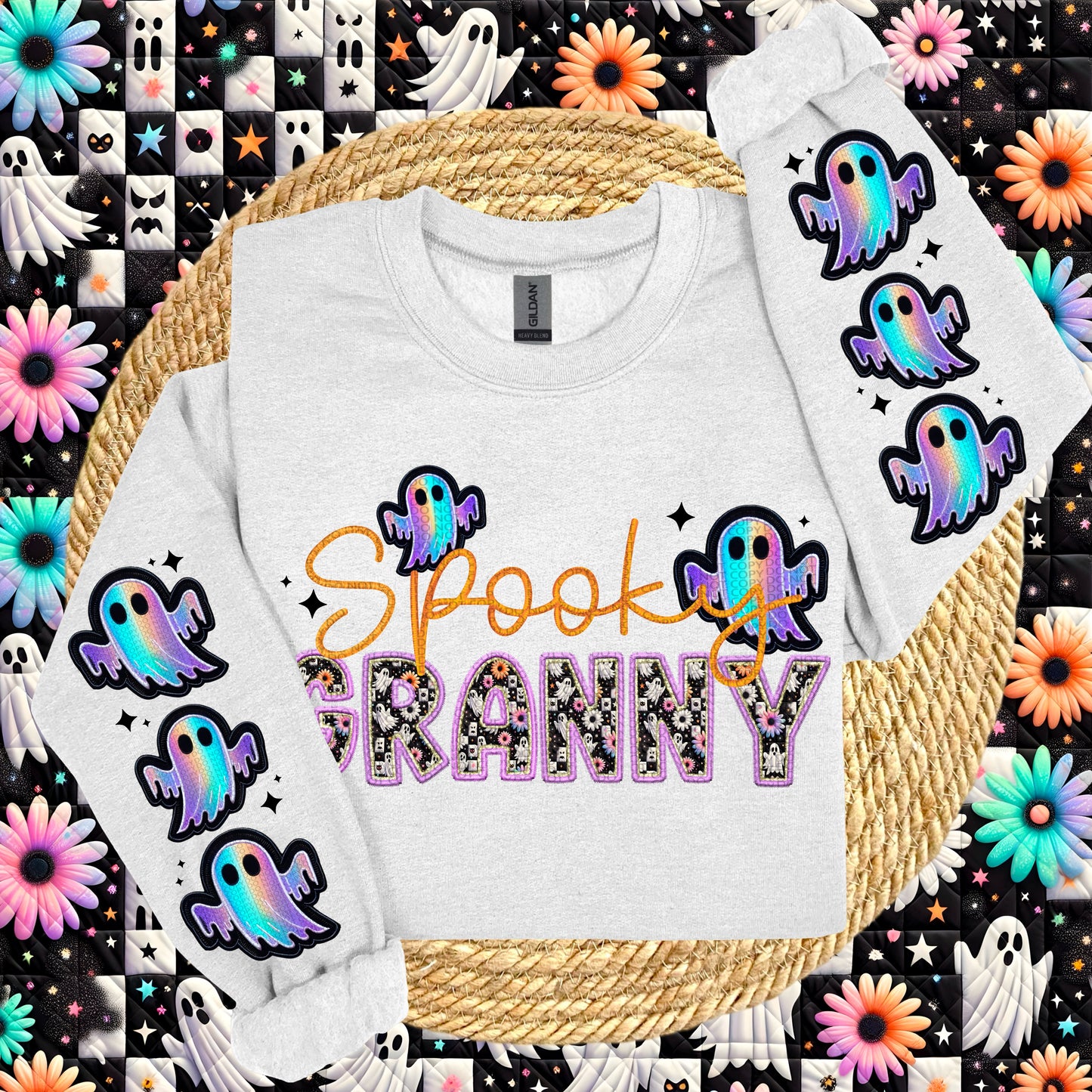 Spooky Granny with Sleeve Faux Embroidery |PNG, Digital Download, Shirt Png