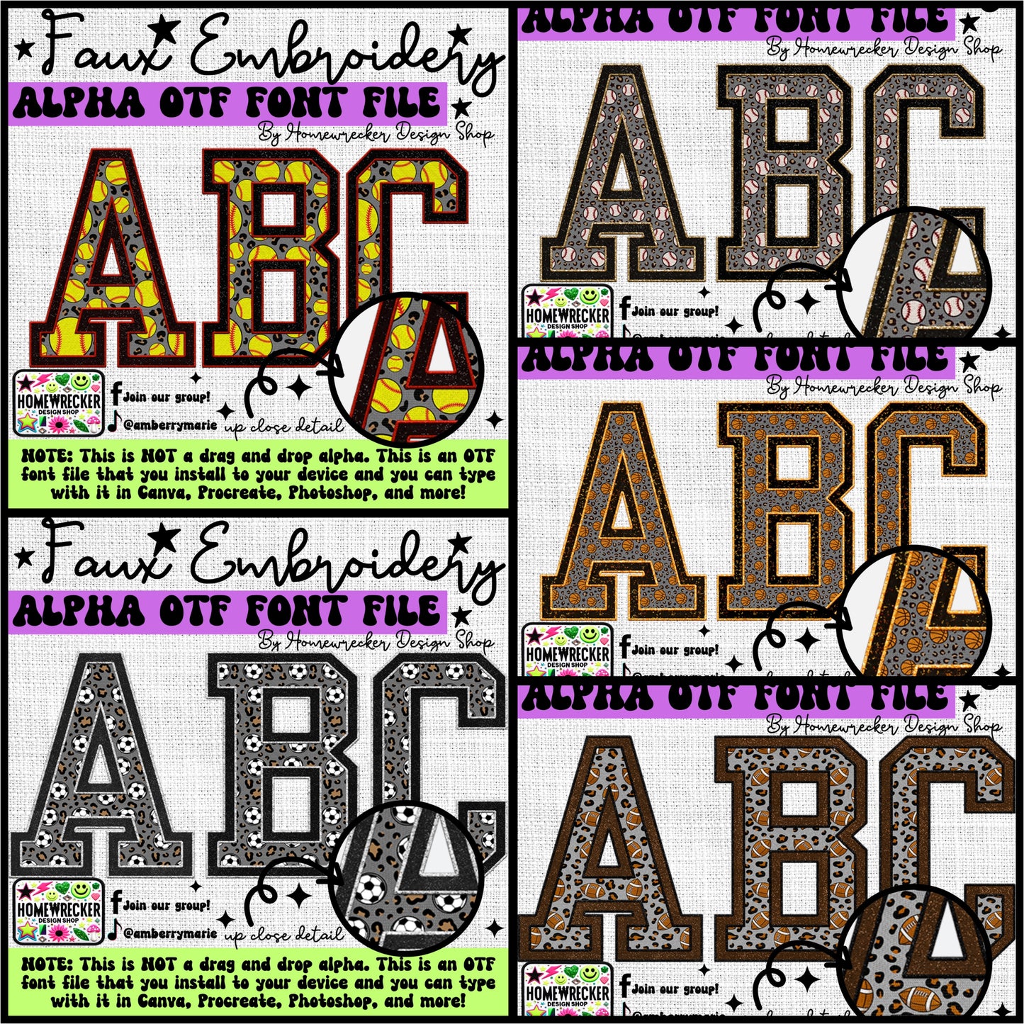 Sports Varsity Letters Faux Embroidery 5pc OTF FONT Bundle