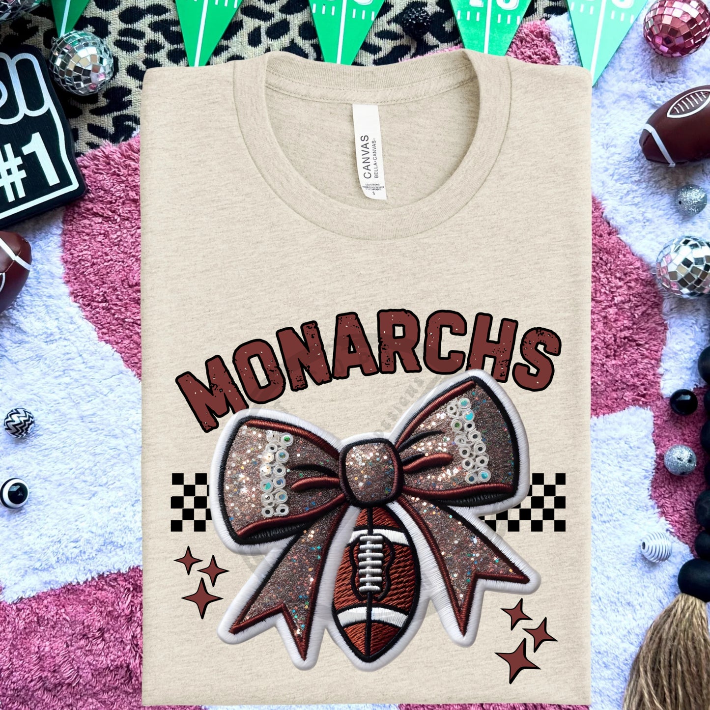 Monarchs Faux Embroidery Football Bow Team Spirit PNG