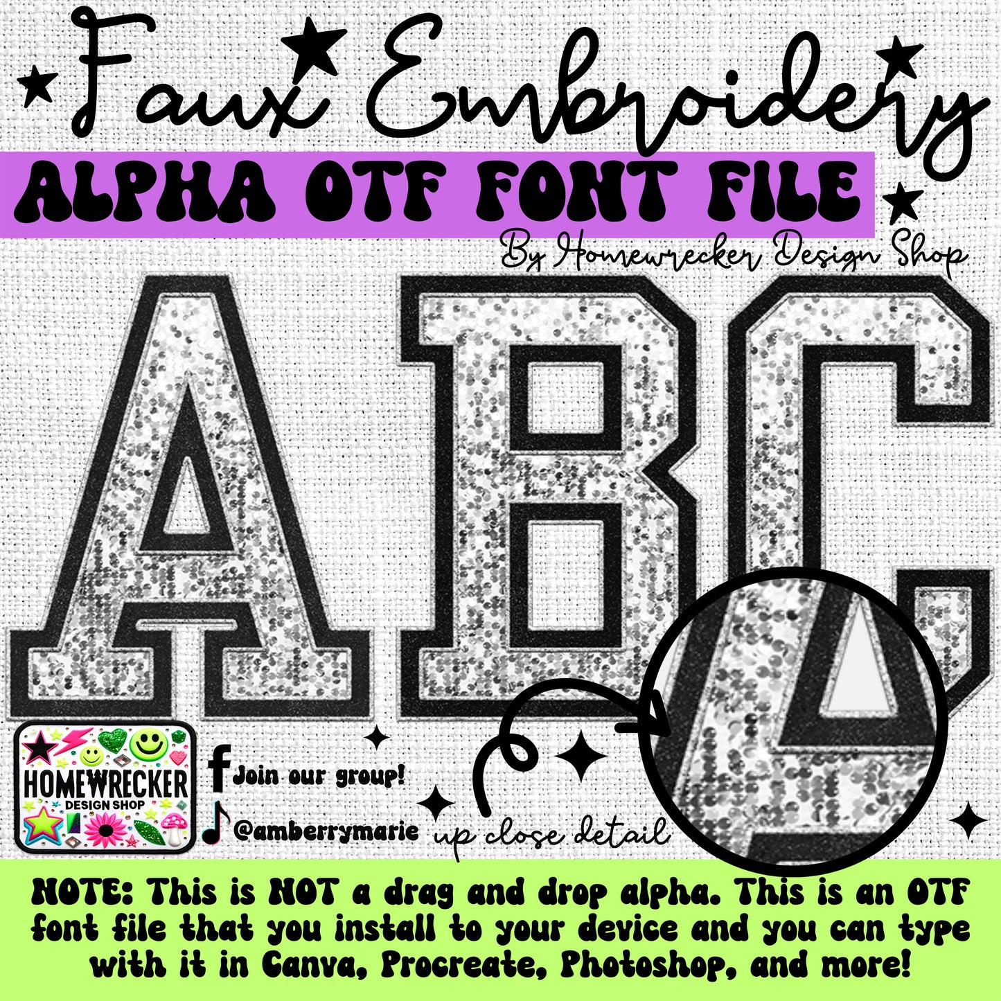 Sequin Varsity Letters Faux Embroidery 5pc OTF FONT Bundle