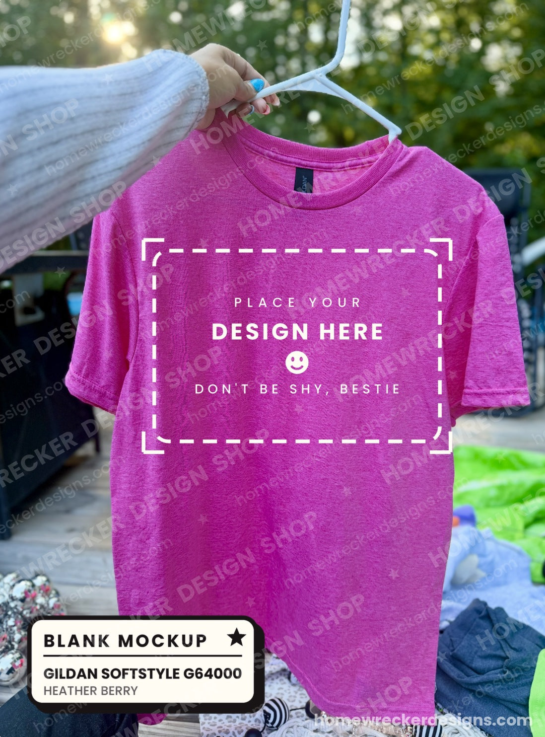 Gildan Softstyle G64000 Heather Berry blank t-shirt mockup photo, hanging outdoor natural light, digital download
