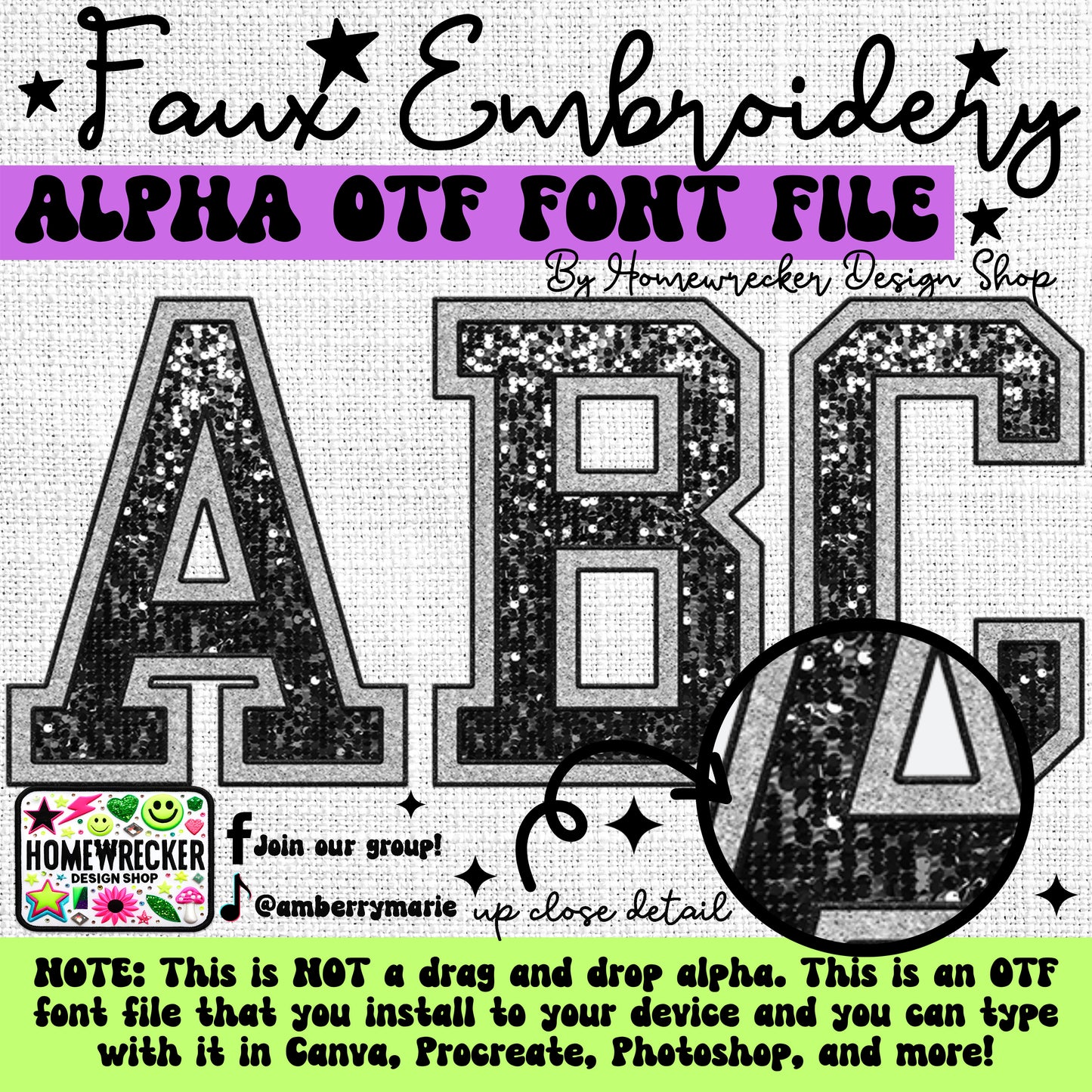 Sequin Varsity Letters Faux Embroidery 5pc OTF FONT Bundle