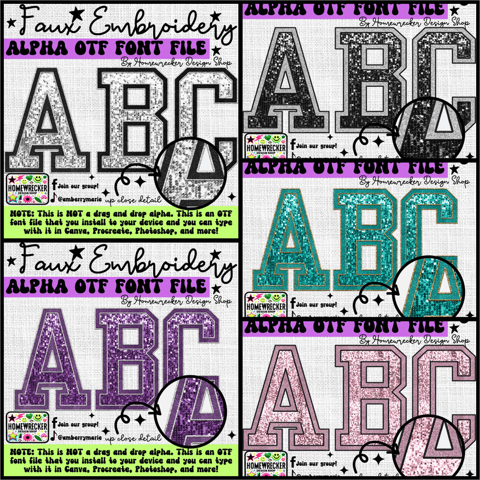 Sequin Varsity Letters Faux Embroidery 5pc OTF FONT Bundle ...