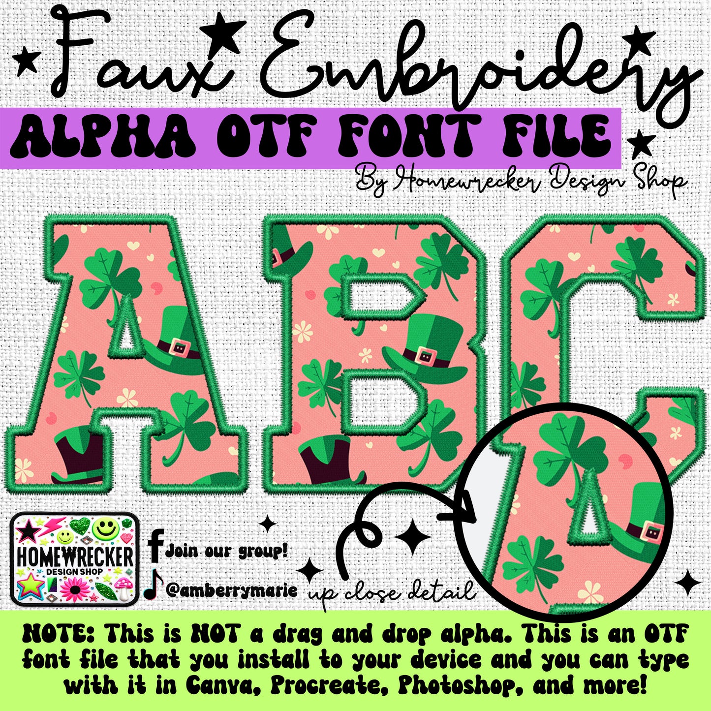 Pink St. Patrick's Day Faux Embroidery 5pc OTF FONT Bundle