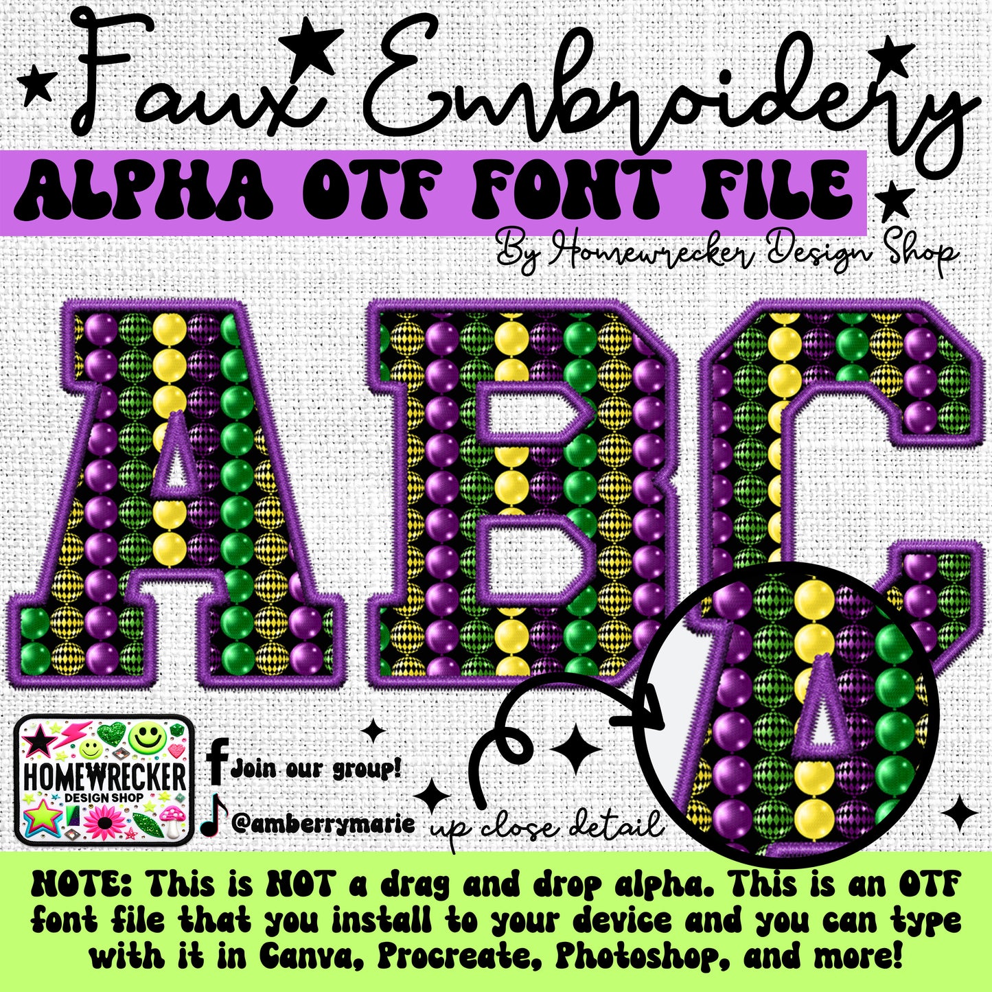 Mardi Gras Faux Embroidery 5pc OTF FONT Bundle