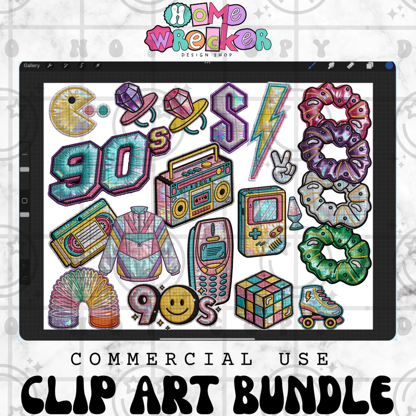 90's Holographic Faux Applique Clipart Bundle | Sequin & Faux Embroidery PNG | Commercial Use Digital Designs