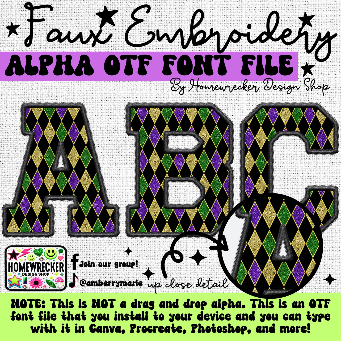 Mardi Gras Pattern Faux Embroidery 5pc OTF FONT Bundle