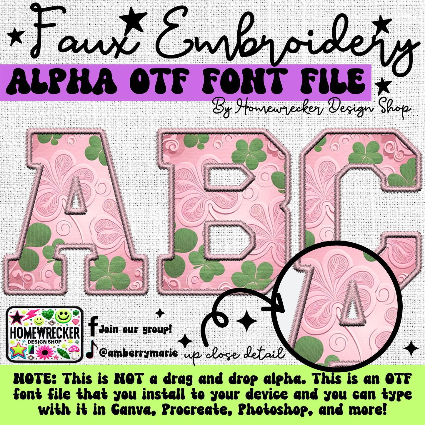 Pink St. Patrick's Day Faux Embroidery 5pc OTF FONT Bundle