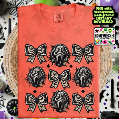 Bows and Ghostface stacked FAUX embroidery, Halloween, digital download, PNG