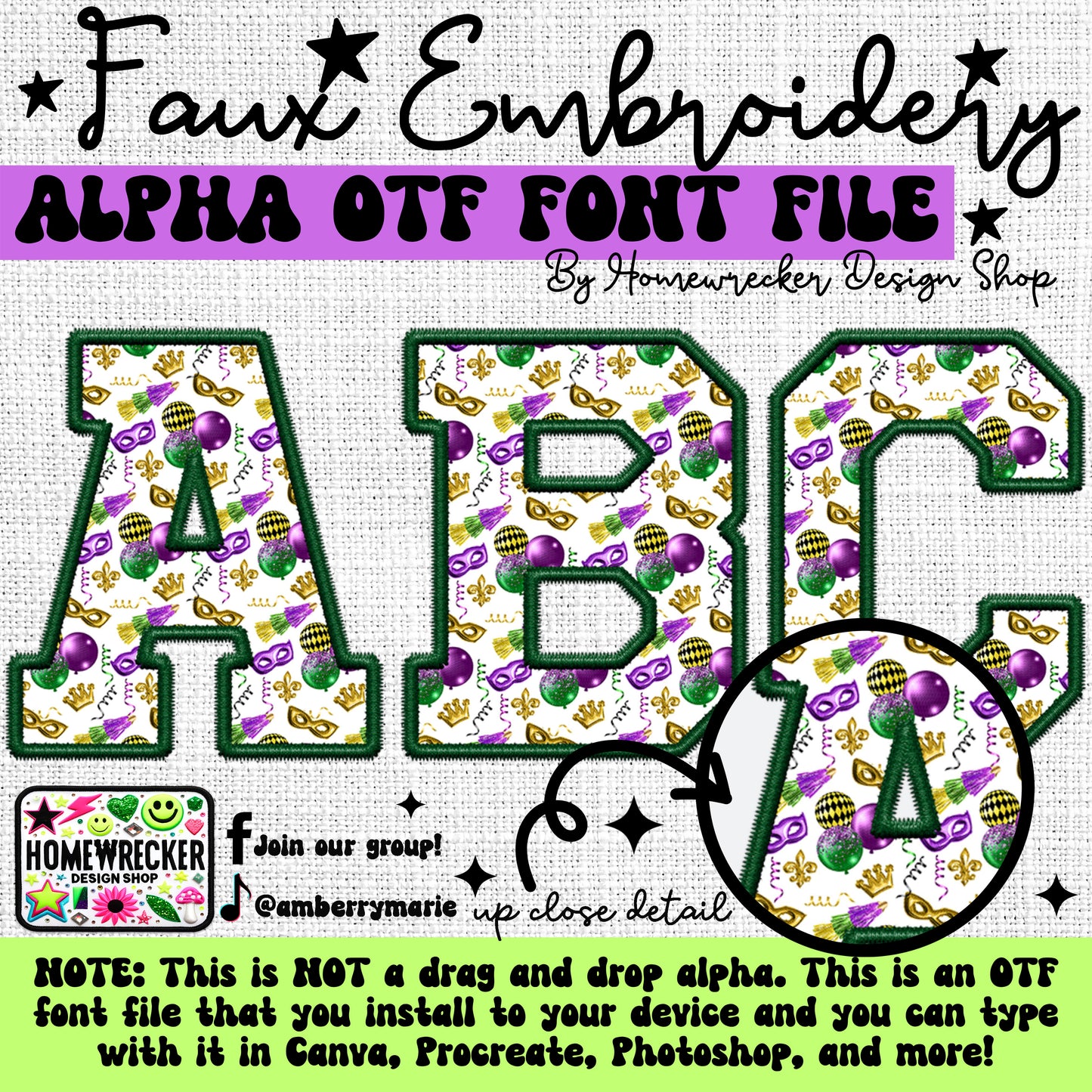 Mardi Gras Faux Embroidery 5pc OTF FONT Bundle