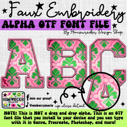 Pink St. Patrick's Day Faux Embroidery 5pc OTF FONT Bundle