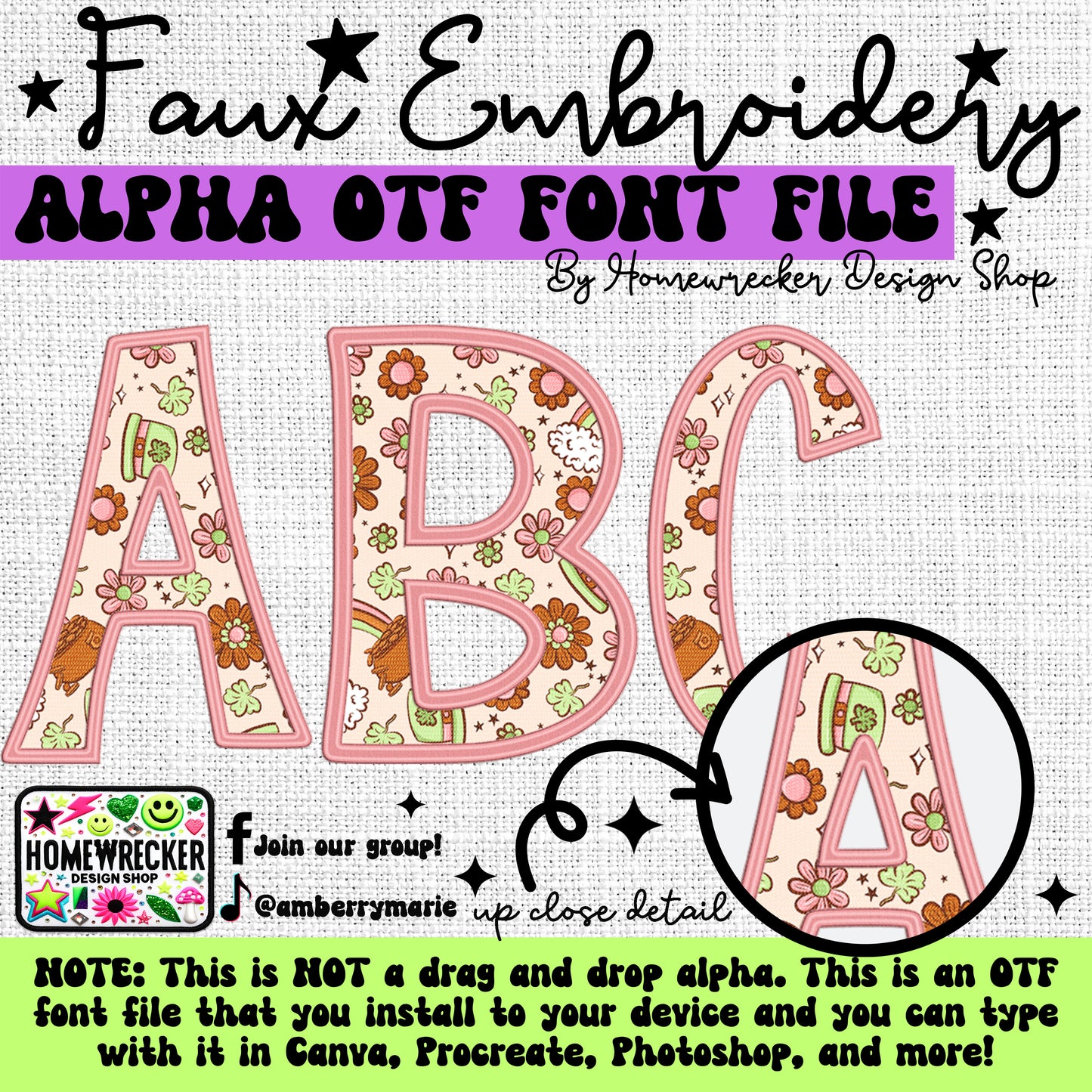 Pink St. Patrick's Day Faux Embroidery 5pc OTF FONT Bundle