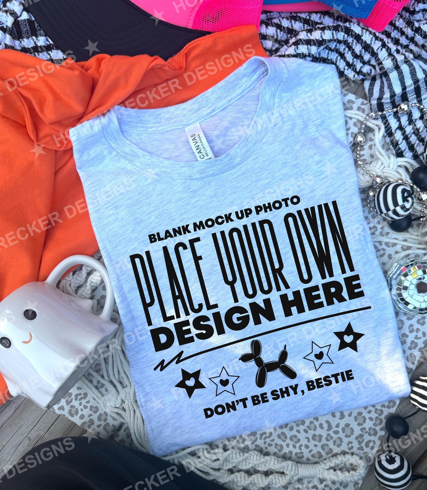 Blank Bella + Canvas 3001CVC t-shirt in Ash, hanging mockup photo from Homewrecker Design Shop
