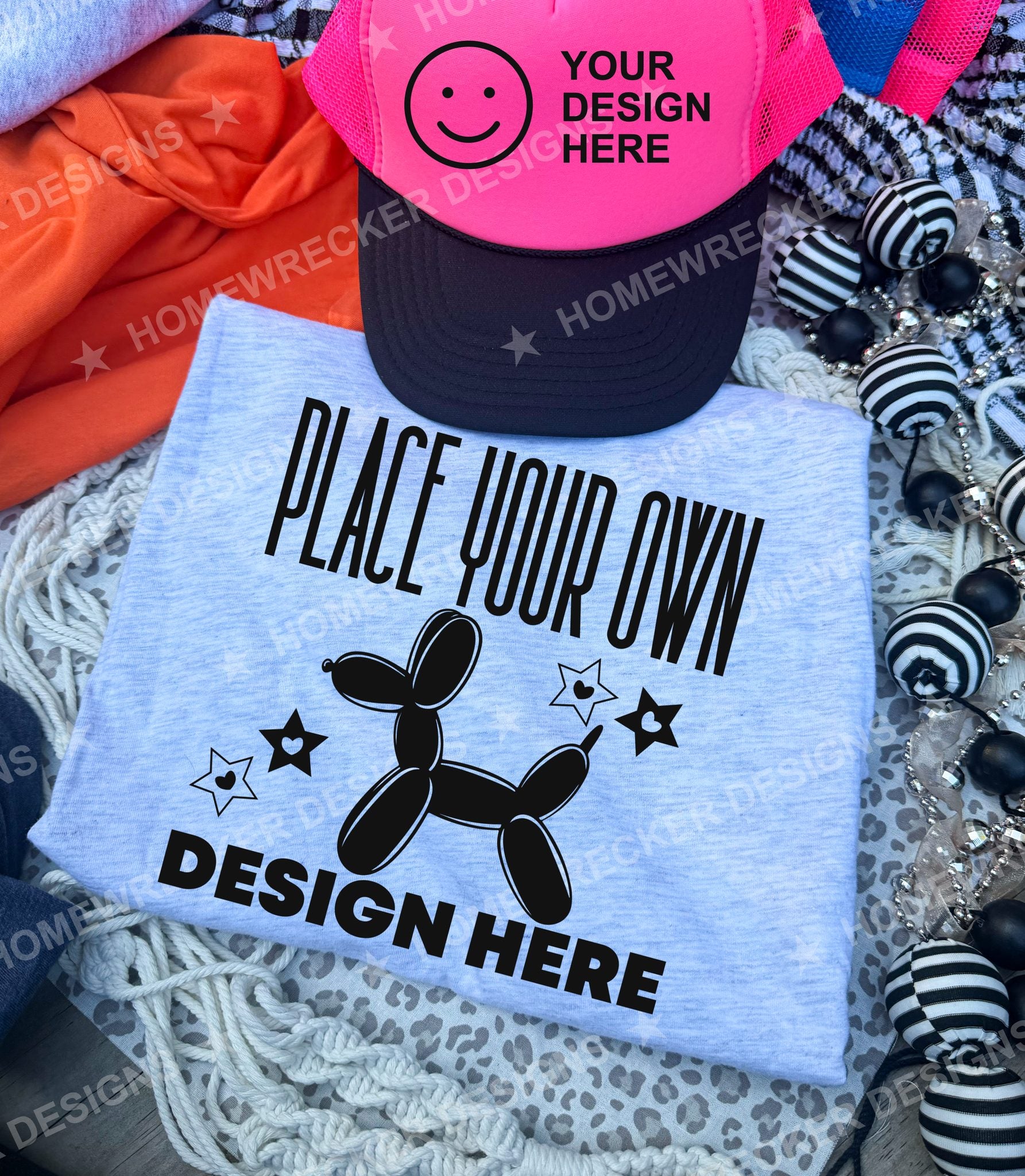 Blank Bella + Canvas 3001CVC t-shirt in Ash with a pink hat, flat lay mockup photo from Homewrecker Design Shop