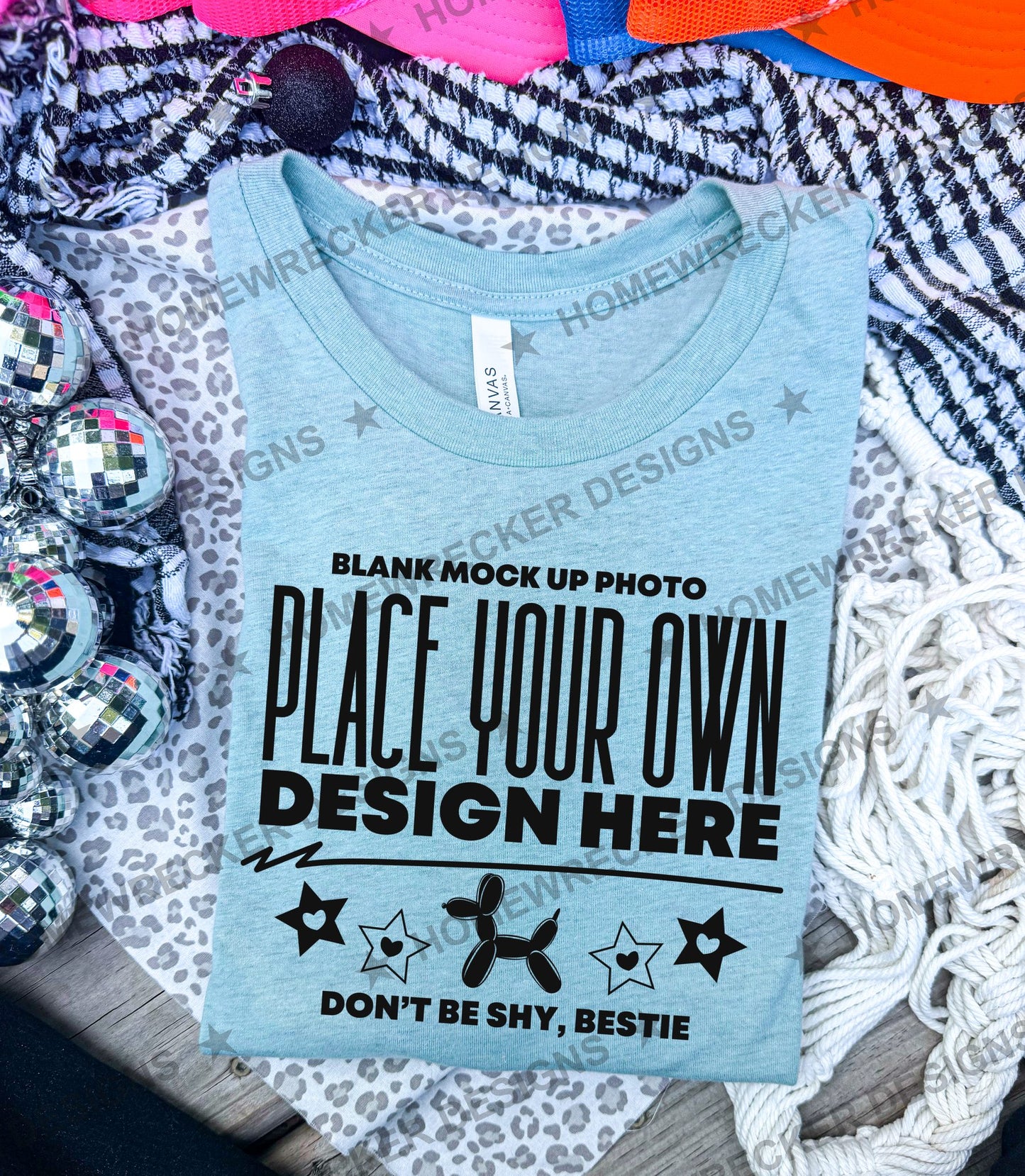 Blank Bella + Canvas 3001CVC t-shirt in Heather Prism Mint, flat lay mockup photo from Homewrecker Design Shop