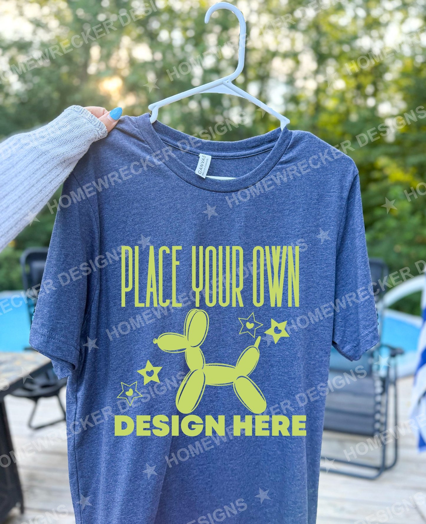 Blank Bella + Canvas 3001 t-shirt in Heather Navy, hanging mockup photo from Homewrecker Design Shop