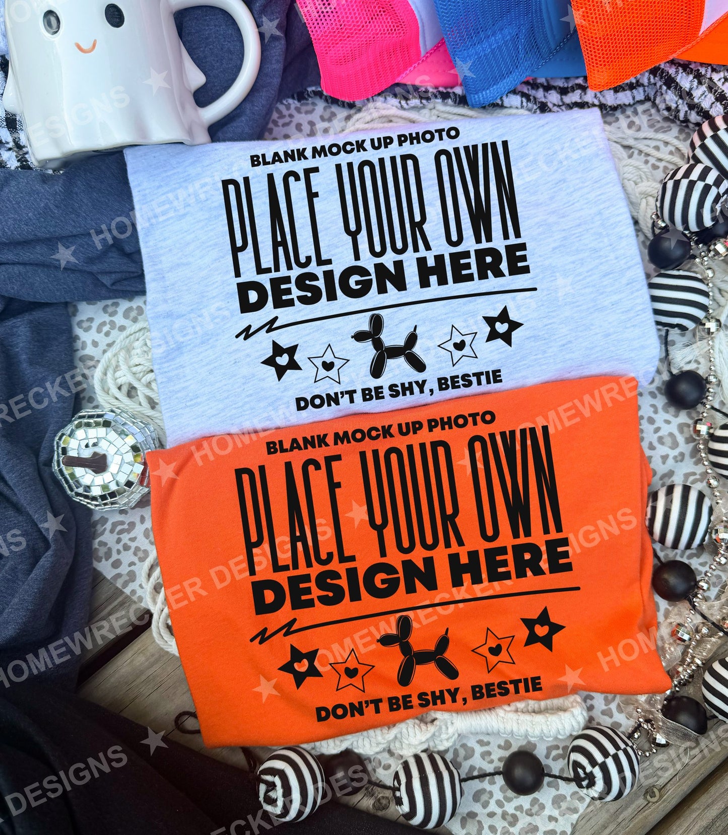 Blank Bella + Canvas 3001 t-shirt in Orange and Heather Ash, flat lay mockup photo from Homewrecker Design Shop
