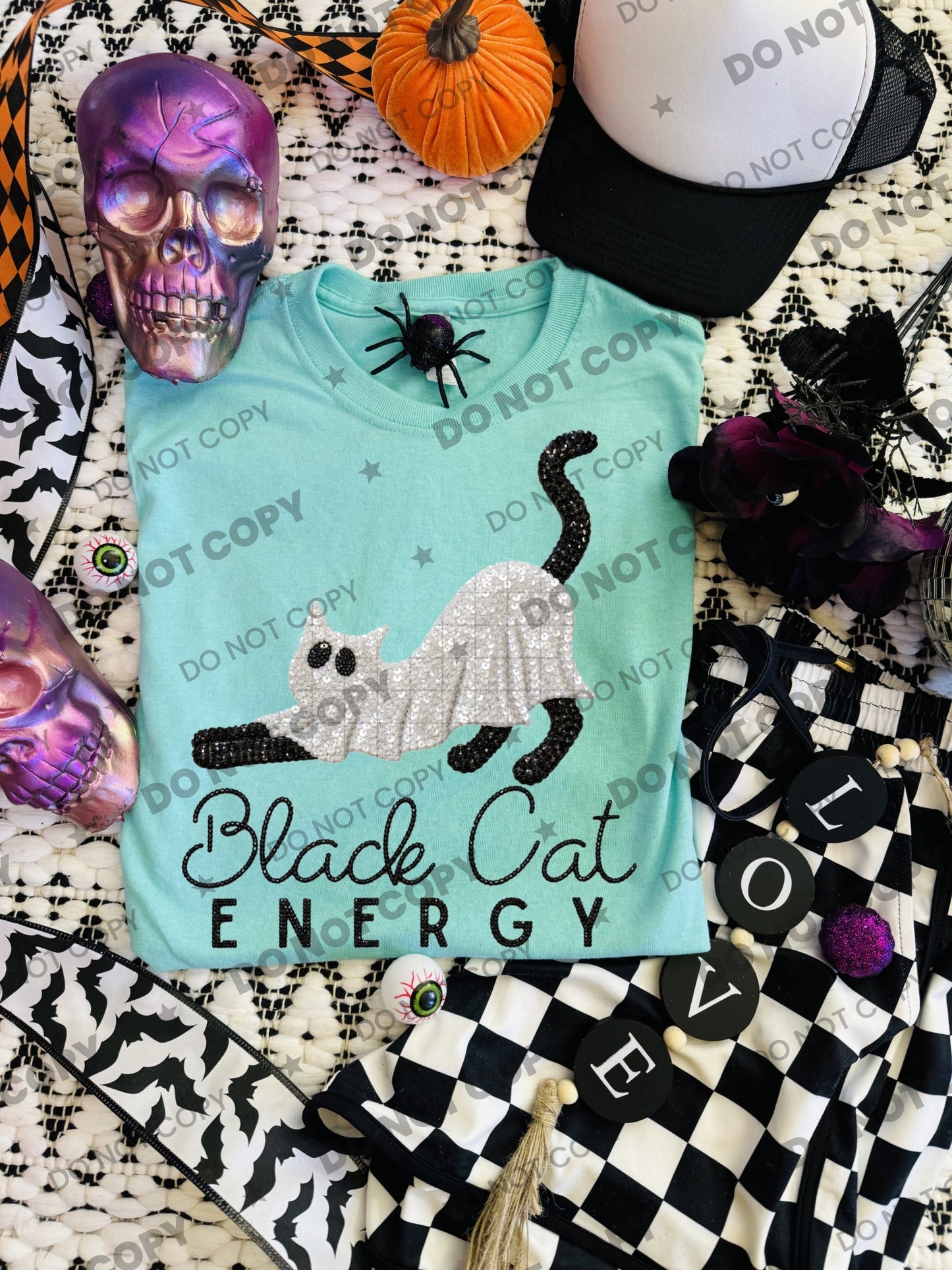 Black Cat Energy faux sequin PNG design from Homewrecker Design Shop