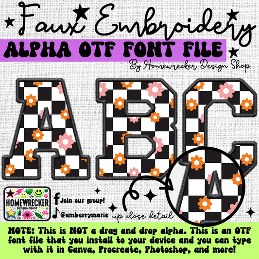 Black Checkered Flower OTF Font, Faux Embroidery, Varsity Letter Style OTF Font Clipart Make your own designs Digital Download