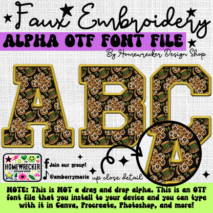 Green Gold St. Patrick's Day Faux Embroidery 15 CLIPART + 5pc OTF FONT Bundle