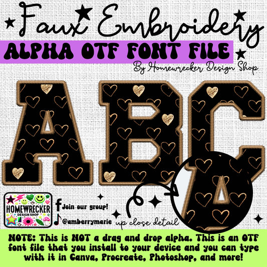 Black and Gold Heart OTF Font, Faux Embroidery, Varsity Letter Style OTF Font Clipart Make your own designs Digital Download