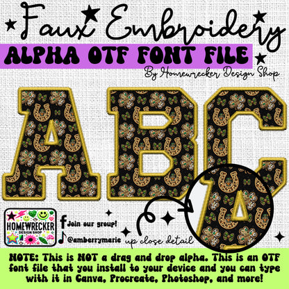 Green Gold St. Patrick's Day Faux Embroidery 15 CLIPART + 5pc OTF FONT Bundle