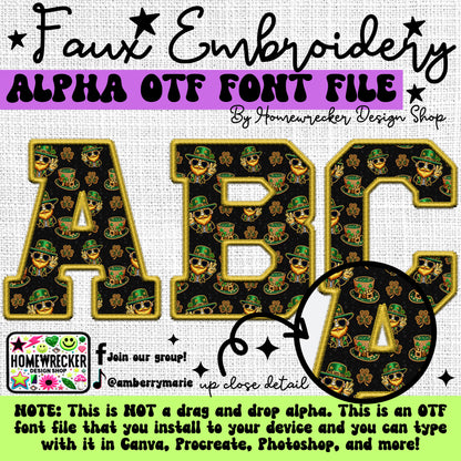 Green Gold St. Patrick's Day Faux Embroidery 15 CLIPART + 5pc OTF FONT Bundle