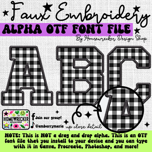 Black White Checker OTF Font, Faux Embroidery, Varsity Letter Style OTF Font Clipart Make your own designs Digital Download