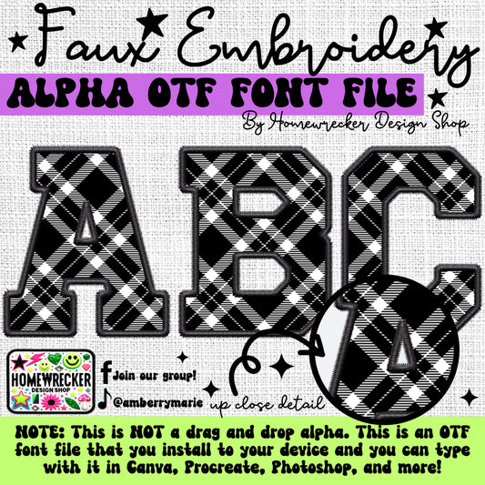 Black White Diamond OTF Font, Faux Embroidery, Varsity Letter Style OTF Font Clipart Make your own designs Digital Download