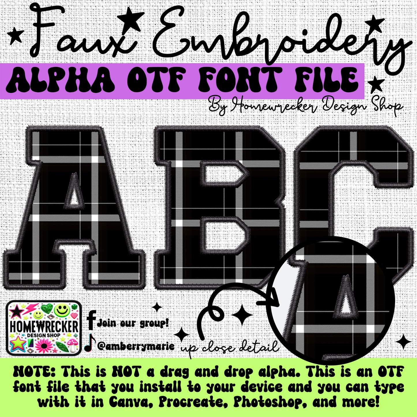 Black White Line Plaid OTF Font, Faux Embroidery, Varsity Letter Style OTF Font Clipart Make your own designs Digital Download