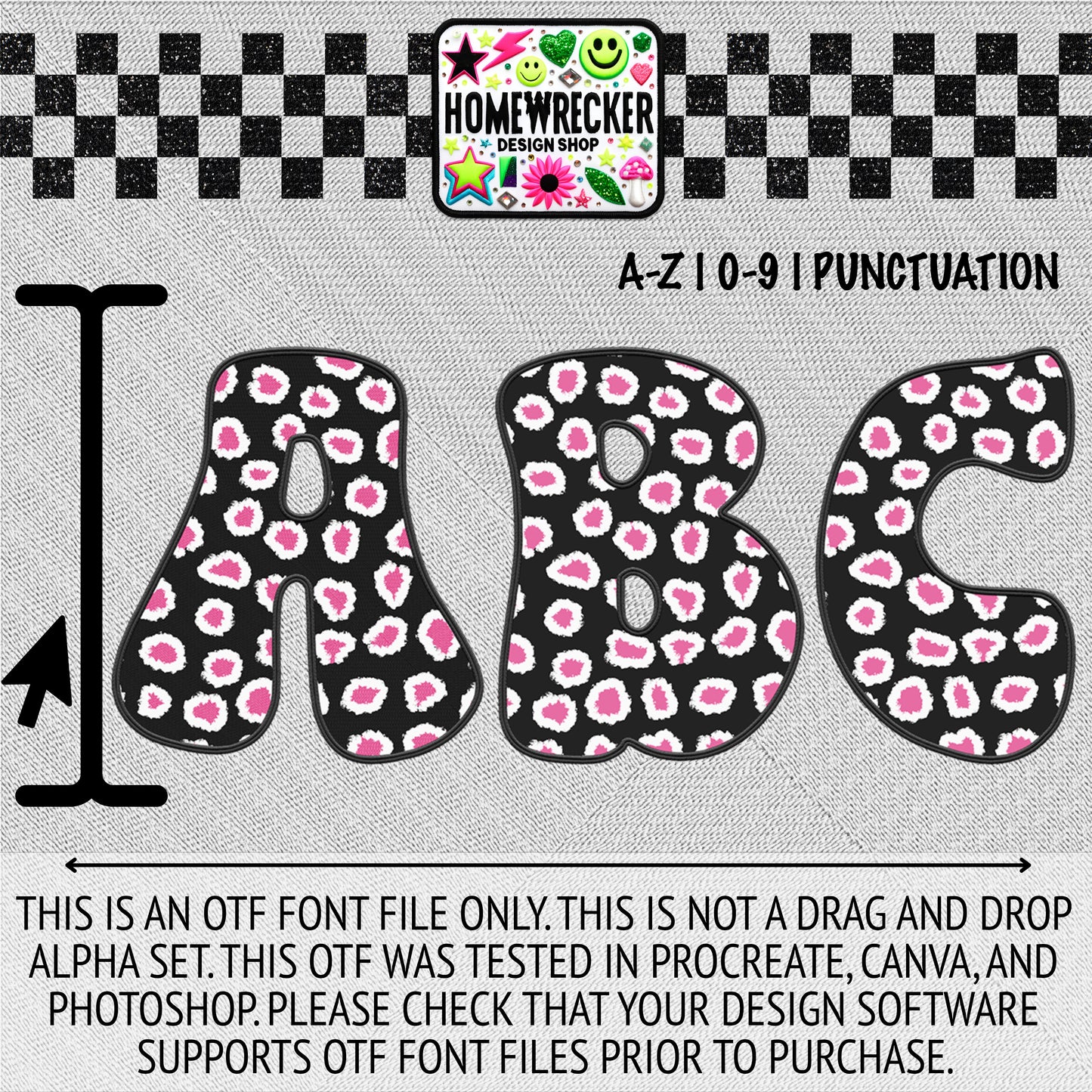 Black White Pink Leopard OTF Font, Faux Embroidery, Groovy Letter Style OTF Font Clipart Make your own designs Digital Download
