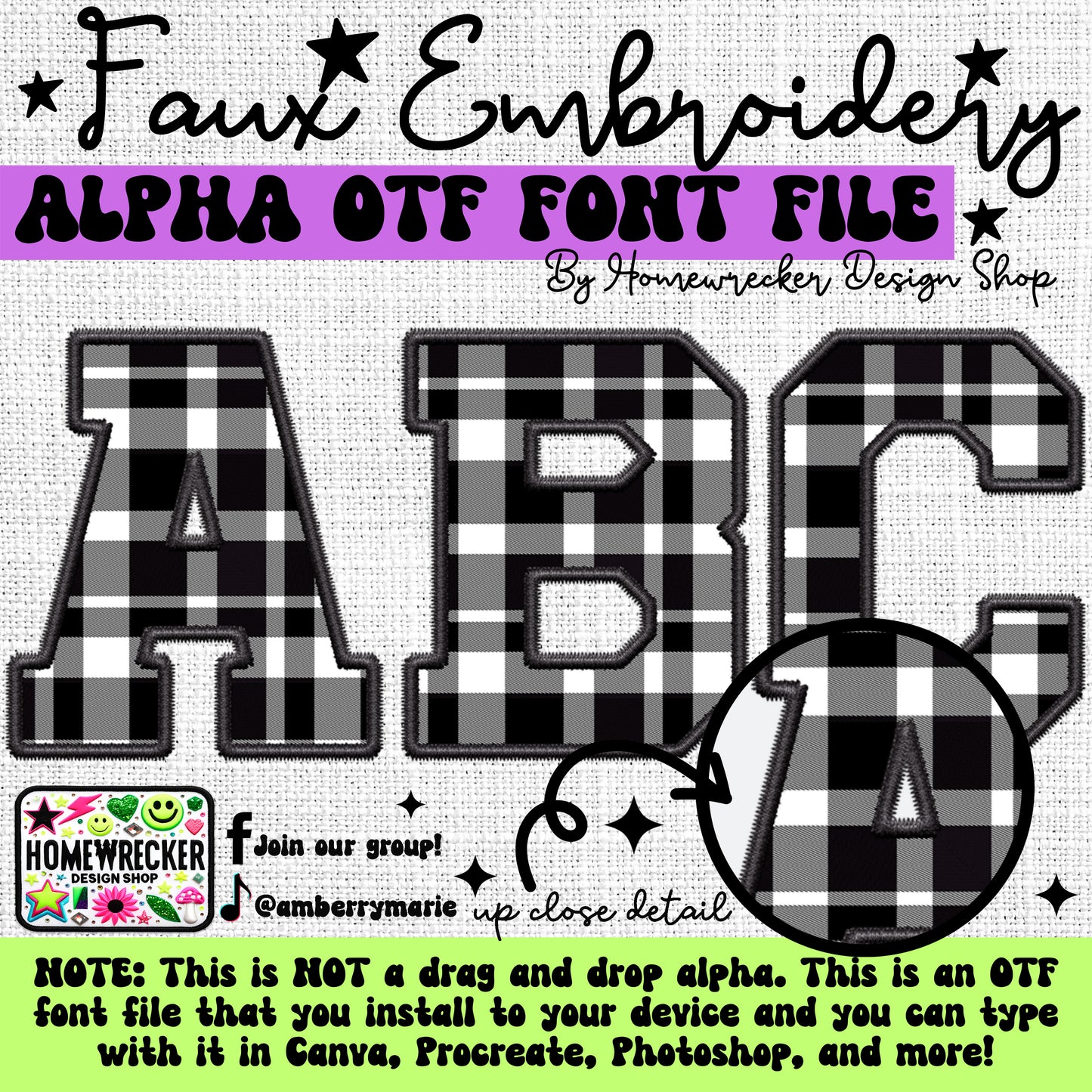 Black White Plaid OTF Font, Faux Embroidery, Varsity Letter Style OTF Font Clipart Make your own designs Digital Download