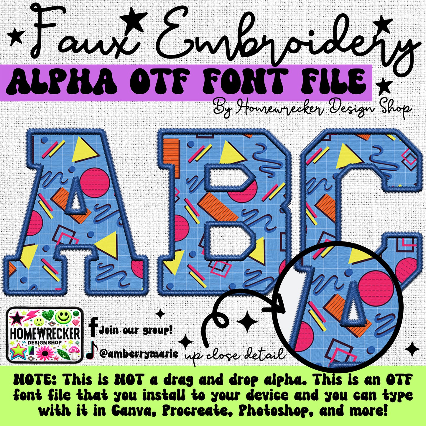 Blue 90s Shapes OTF Font, Faux Embroidery, Varsity Letter Style OTF Font Clipart Make your own designs Digital Download