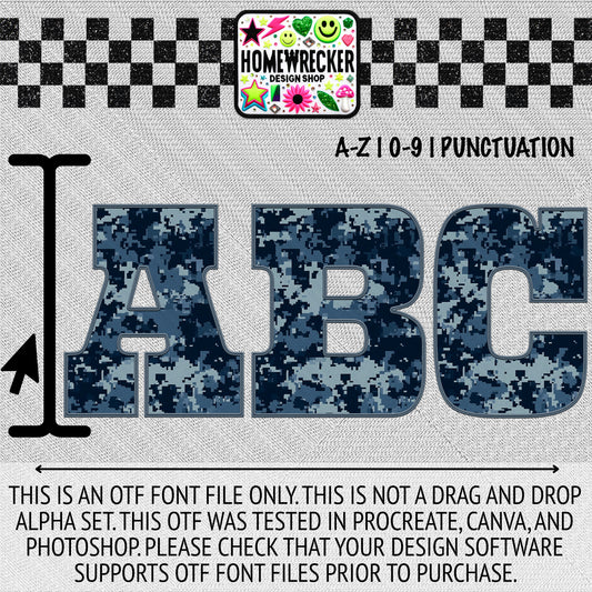Blue Camo OTF Font, Faux Embroidery, Block Letter Style OTF Font Clipart Make your own designs Digital Download