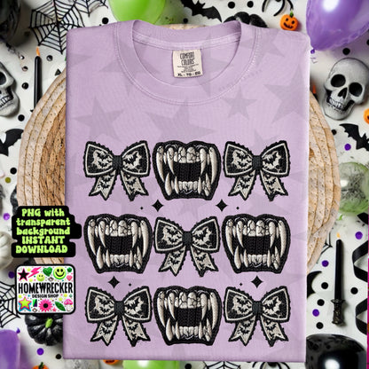 Bows and fangs stacked FAUX embroidery, Halloween, digital download, PNG