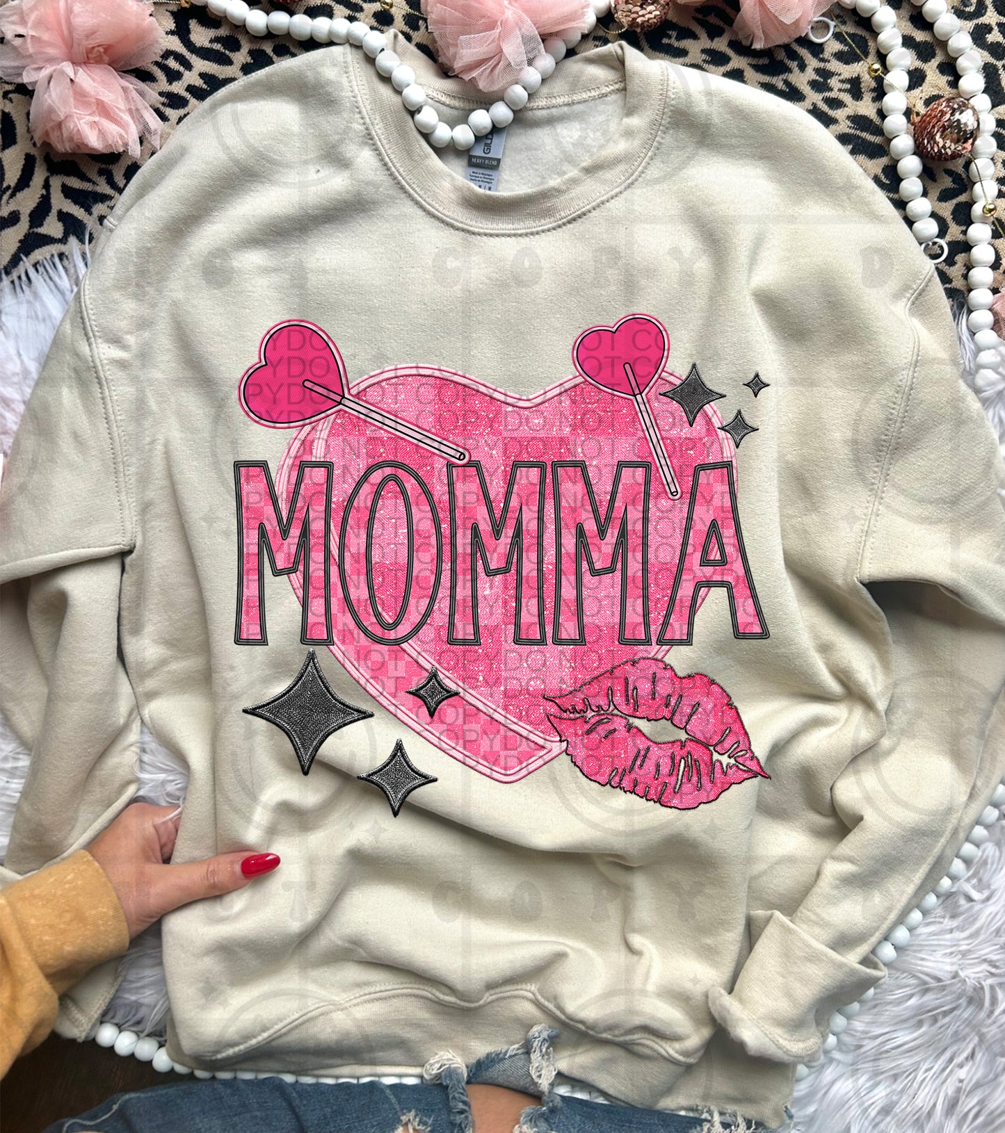 MOMMA | Checkered Candy Heart Lips Name png | Faux Embroidery Detailed Design| Valentine's Day | png download