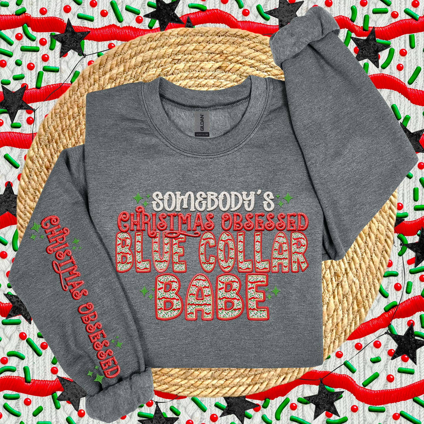 BLUE COLLAR BABE | Somebodys Christmas Obsessed  PNG Faux Embroidery digital Design Christmas PNG Holiday T-shirt Design Holiday Digital Download